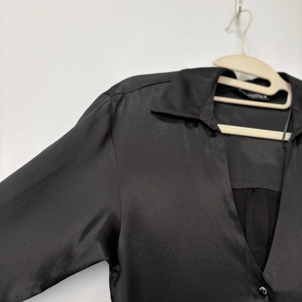 Zara Black Satin Long Sleeve Wrap Collared Short‎ Dress Size XS